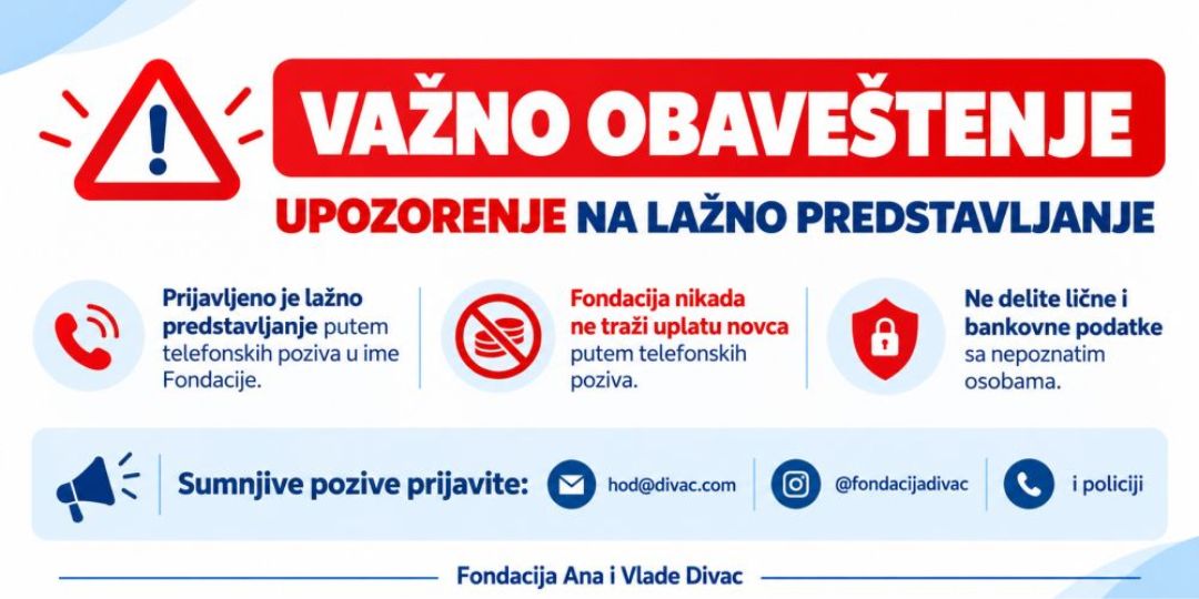 Fondacija Ana i Vlade Divac upozorava građane na pokušaje prevare i lažno predstavljanje u njeno ime